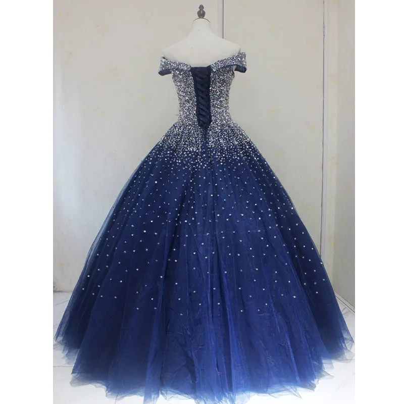 Sparkle Navy Blue Off Shoulder Ball Party Dress,Red Black Beaded Prom Dresses