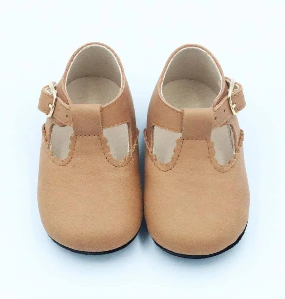 Spellbound Luxe Nubuck Nutmeg Leather Scalloped TStrap Flat