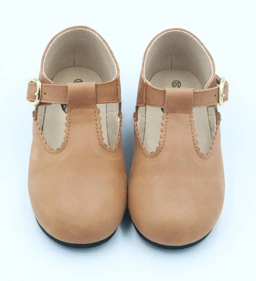 Spellbound Luxe Nubuck Nutmeg Leather Scalloped TStrap Flat