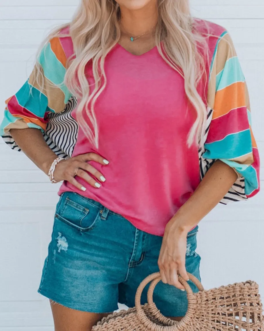 Stripe Colorblock Bubble Sleeve Top