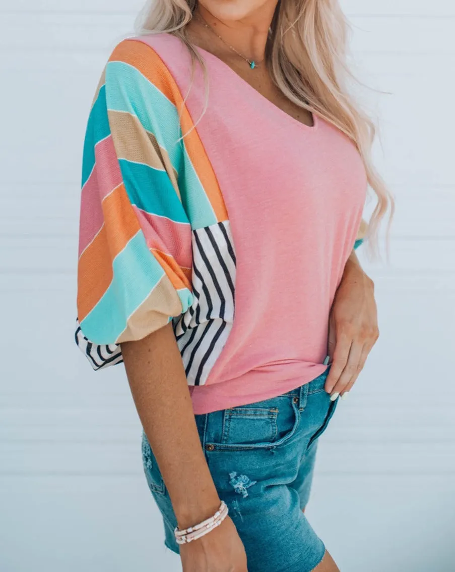 Stripe Colorblock Bubble Sleeve Top