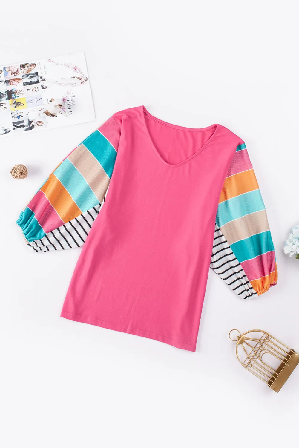 Stripe Colorblock Bubble Sleeve Top