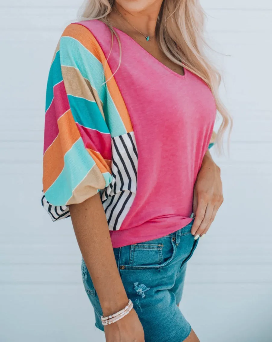 Stripe Colorblock Bubble Sleeve Top