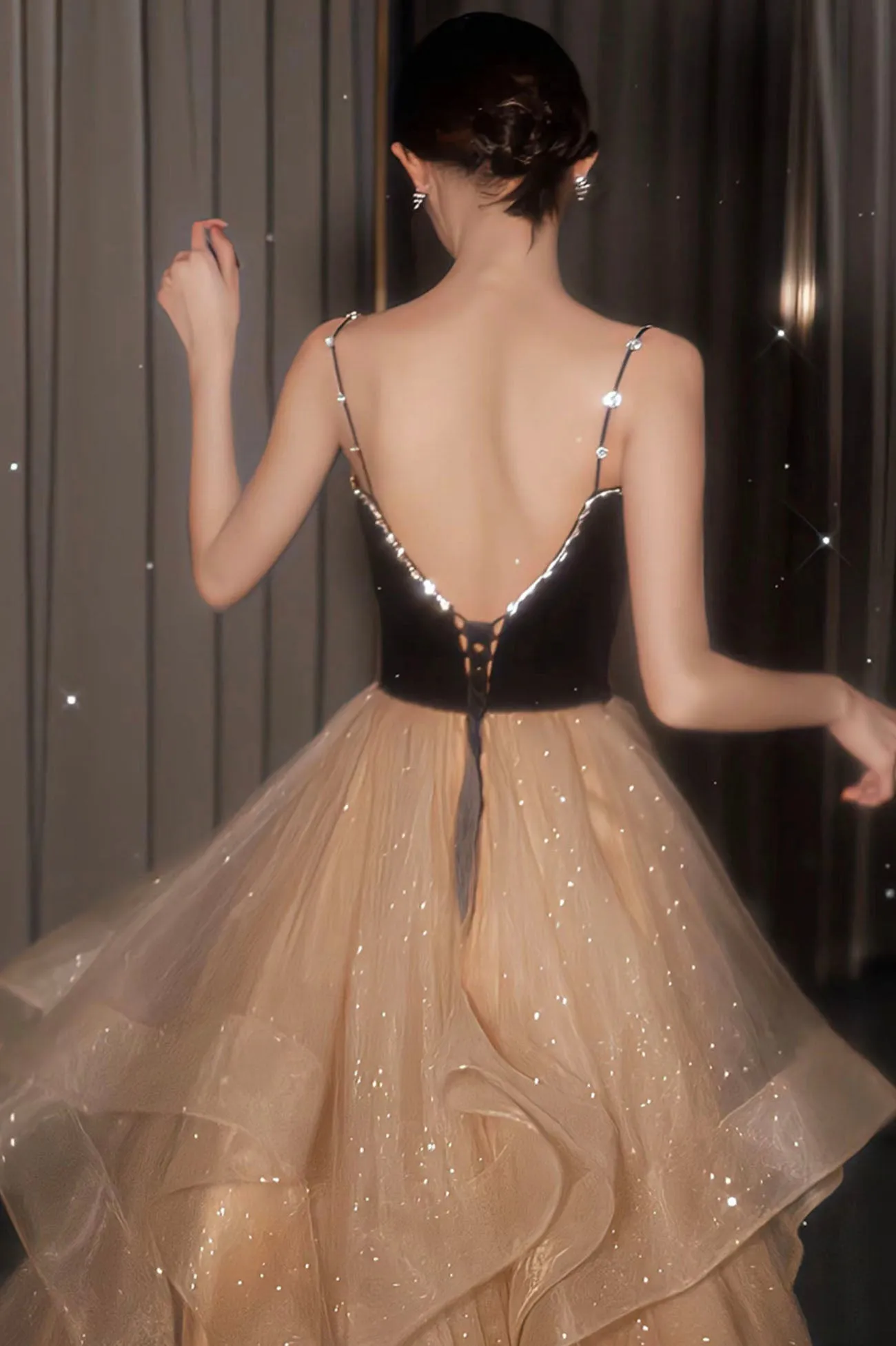 Stylish Velvet Tulle Long Prom Dress,A-Line Evening Dresses Back Open