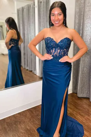 Sweetheart Blue Lace Top Pleated Long Prom Dress with Slit