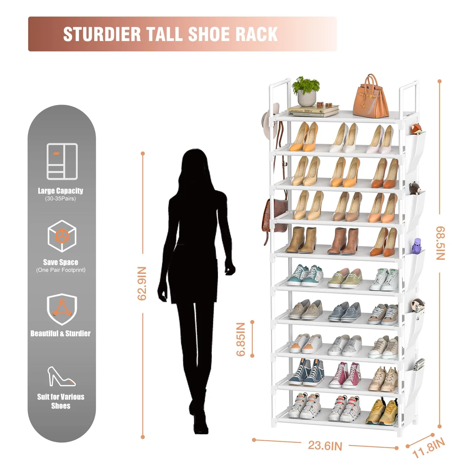 Tall Shoe Rack 10 Tier Shoe Racks Organizer for Closet 30-35Pairs,Large Capacity Storage Rack for Shoes with 5Hooks and Side Pocket,Sturdy Metal Shoe Shelf, Vertical Shoe Stand Tower