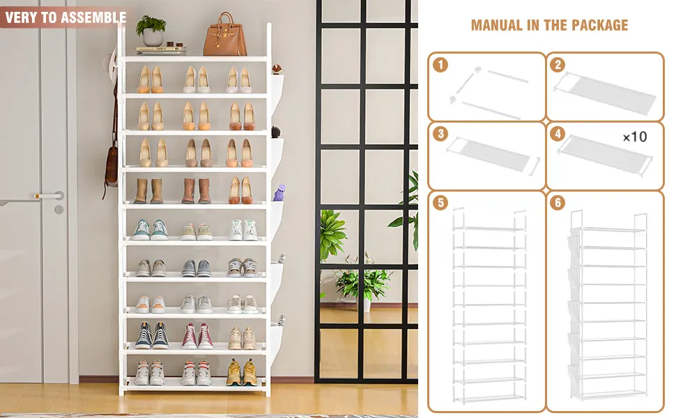 Tall Shoe Rack 10 Tier Shoe Racks Organizer for Closet 30-35Pairs,Large Capacity Storage Rack for Shoes with 5Hooks and Side Pocket,Sturdy Metal Shoe Shelf, Vertical Shoe Stand Tower