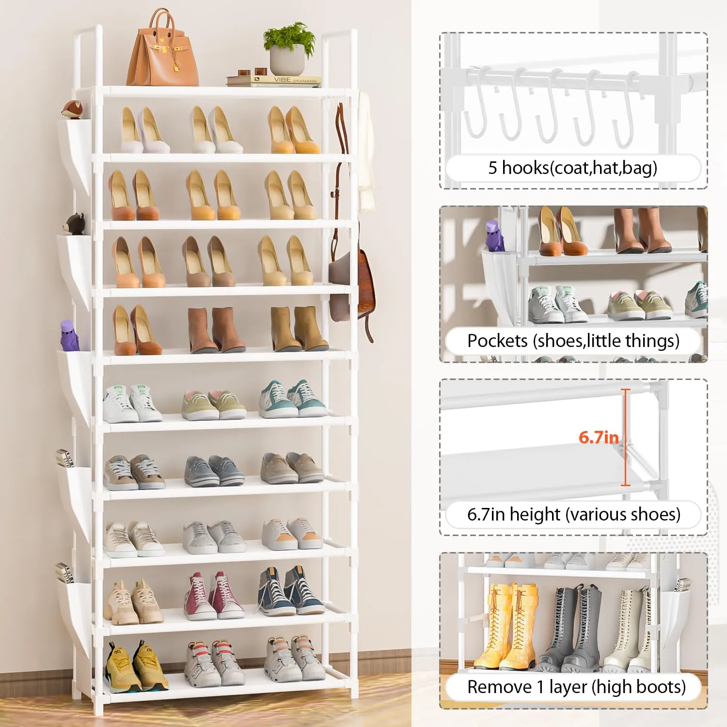 Tall Shoe Rack 10 Tier Shoe Racks Organizer for Closet 30-35Pairs,Large Capacity Storage Rack for Shoes with 5Hooks and Side Pocket,Sturdy Metal Shoe Shelf, Vertical Shoe Stand Tower