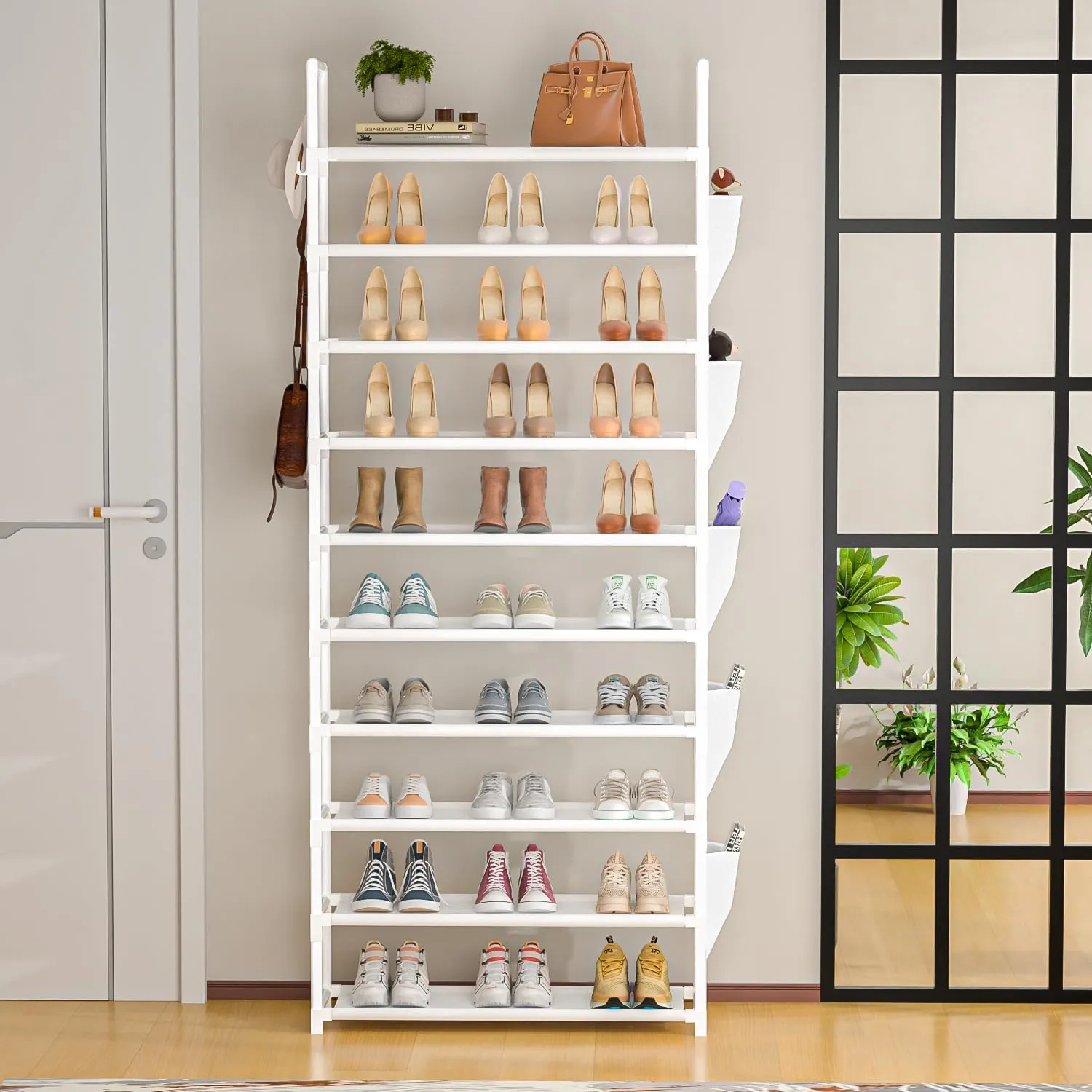 Tall Shoe Rack 10 Tier Shoe Racks Organizer for Closet 30-35Pairs,Large Capacity Storage Rack for Shoes with 5Hooks and Side Pocket,Sturdy Metal Shoe Shelf, Vertical Shoe Stand Tower