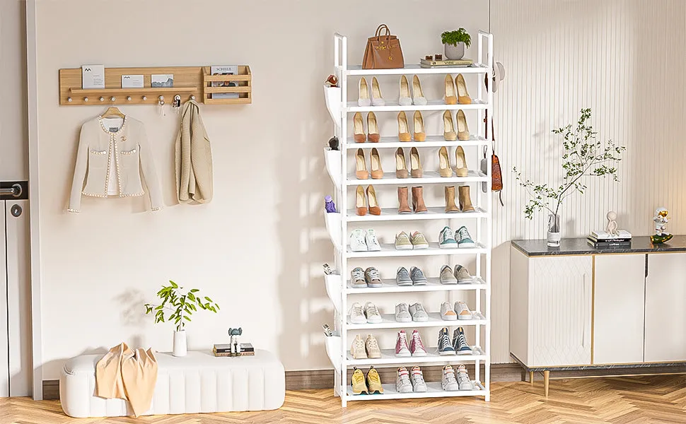 Tall Shoe Rack 10 Tier Shoe Racks Organizer for Closet 30-35Pairs,Large Capacity Storage Rack for Shoes with 5Hooks and Side Pocket,Sturdy Metal Shoe Shelf, Vertical Shoe Stand Tower