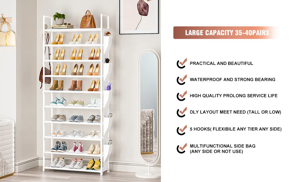 Tall Shoe Rack 10 Tier Shoe Racks Organizer for Closet 30-35Pairs,Large Capacity Storage Rack for Shoes with 5Hooks and Side Pocket,Sturdy Metal Shoe Shelf, Vertical Shoe Stand Tower