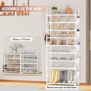 Tall Shoe Rack 10 Tier Shoe Racks Organizer for Closet 30-35Pairs,Large Capacity Storage Rack for Shoes with 5Hooks and Side Pocket,Sturdy Metal Shoe Shelf, Vertical Shoe Stand Tower