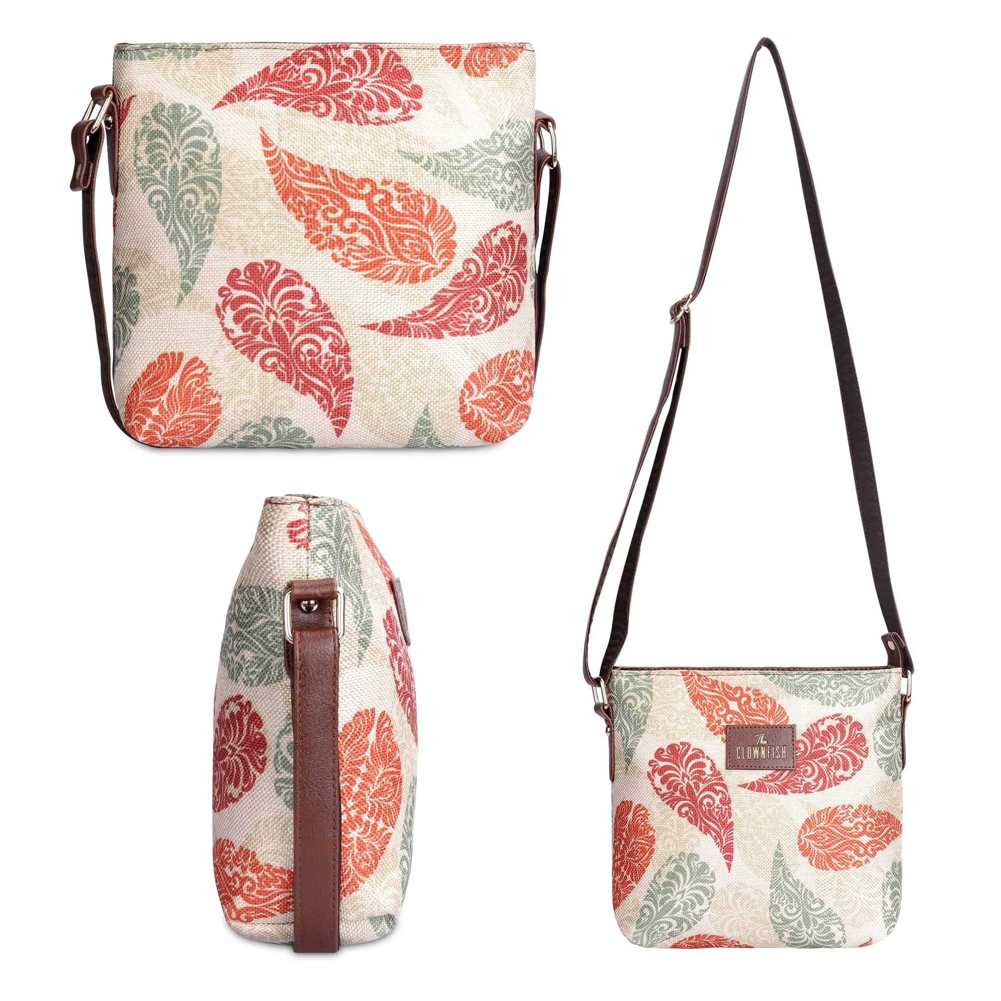 THE CLOWNFISH Aahna Printed Handicraft Fabric Crossbody Sling bag for Women Casual Party Bag Purse with Adjustable Shoulder Strap for Ladies College Girls (Cream-Leaf Print)