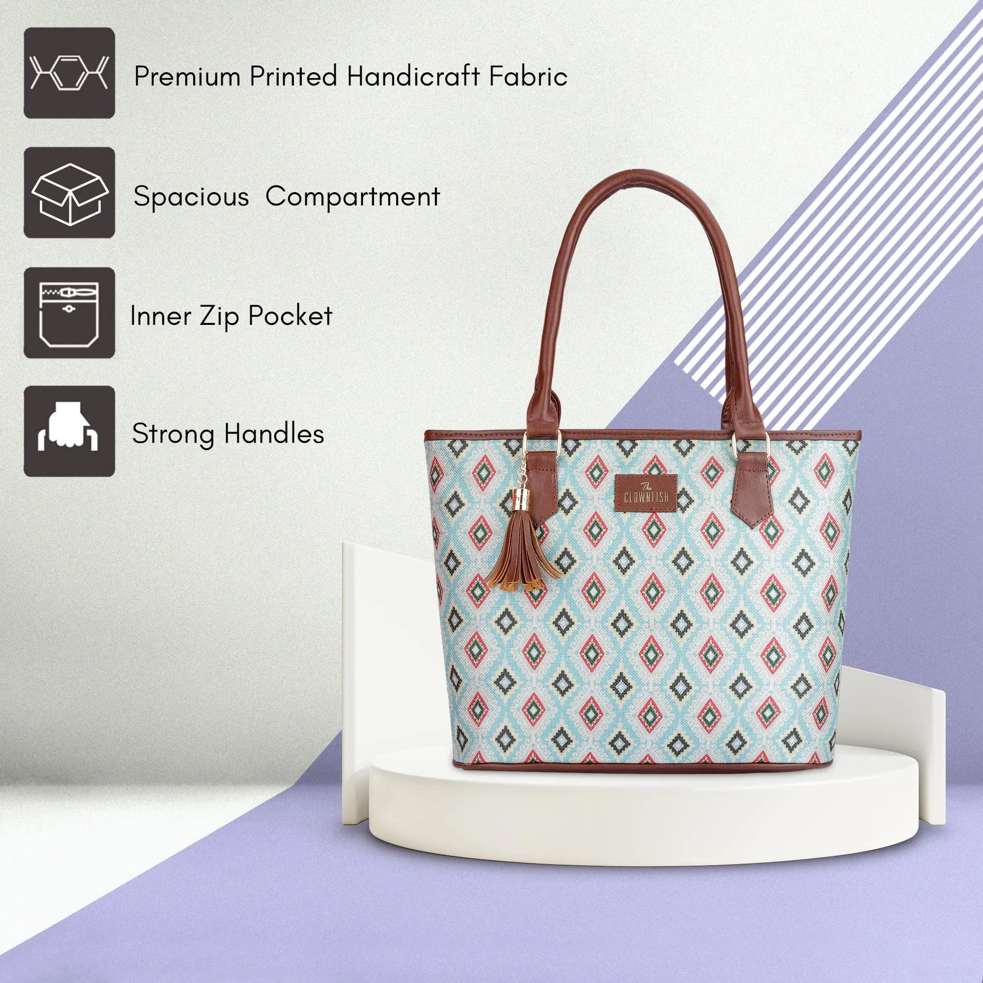 THE CLOWNFISH Aviva Printed Handicraft Fabric Handbag for Women Office Bag Ladies Shoulder Bag Tote for Women College Girls (Sky Blue-Diamond Design)