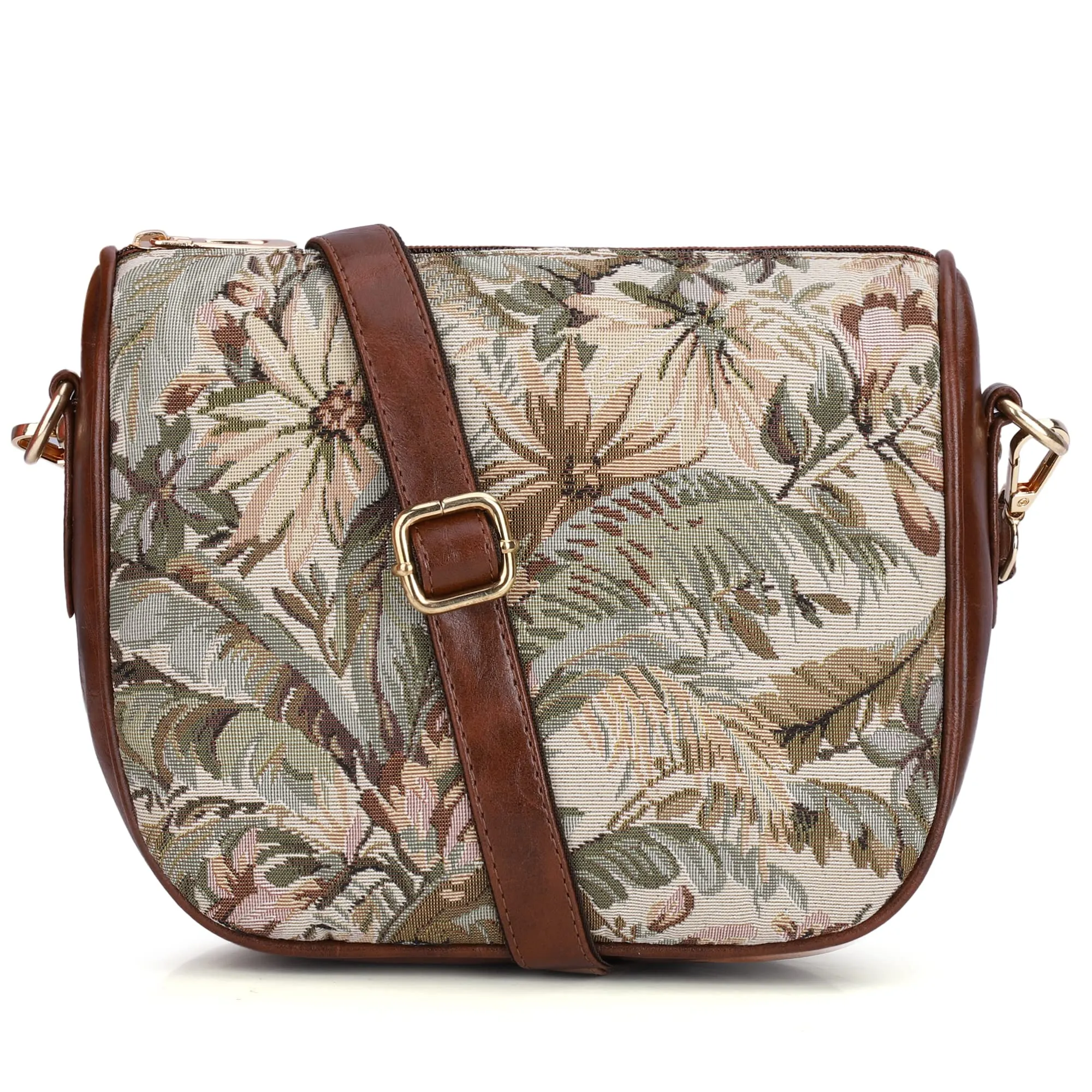 THE CLOWNFISH Garnet Series Printed Handicraft Fabric & Tapestry Crossbody Sling Bag for Women Ladies Single Shoulder Bag Shoulder Belt (Beige)