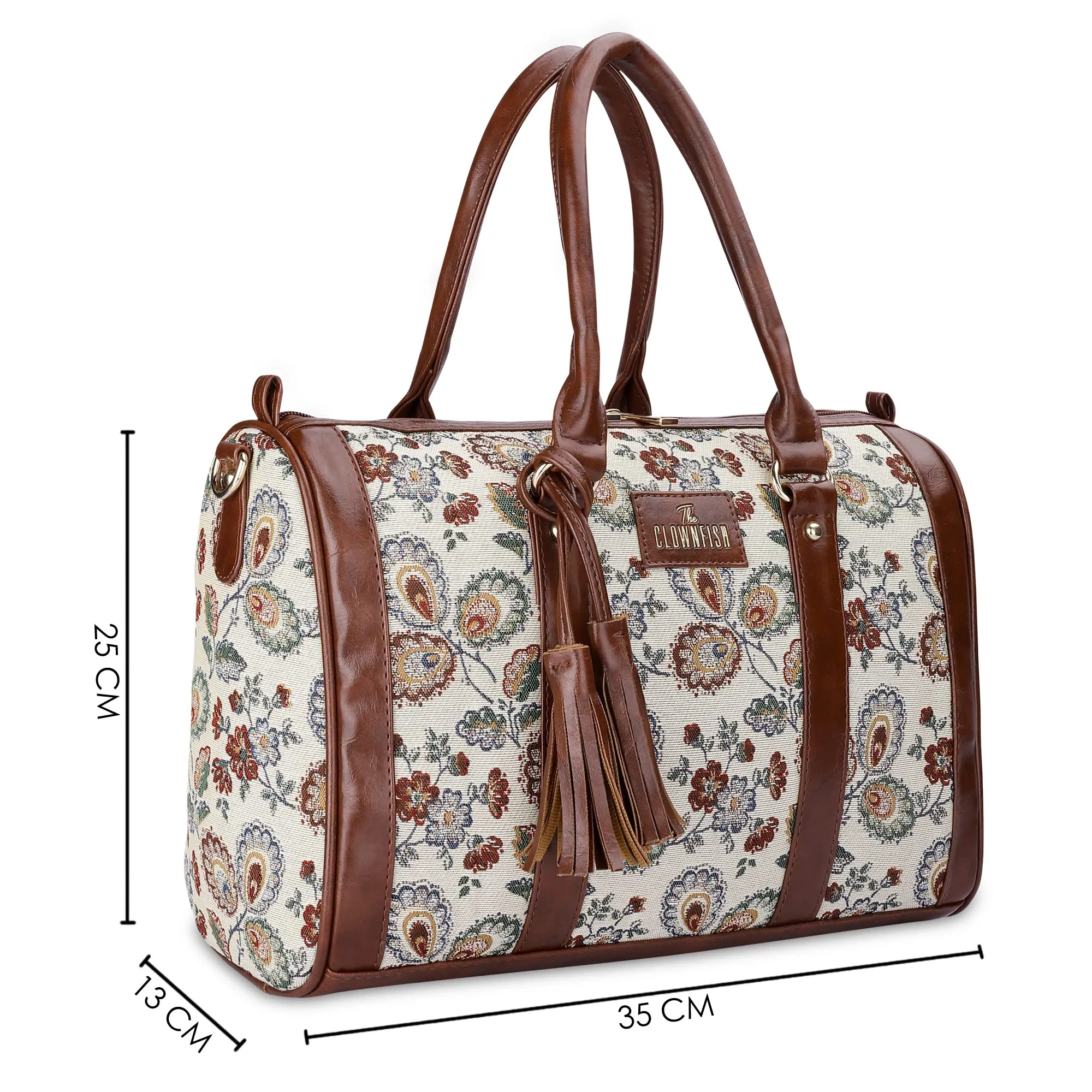 THE CLOWNFISH Lorna Tapestry Fabric & Faux Leather Handbag Sling Bag for Women Office Bag Ladies Shoulder Bag Tote For Women College Girls (Dark Brown- Floral)