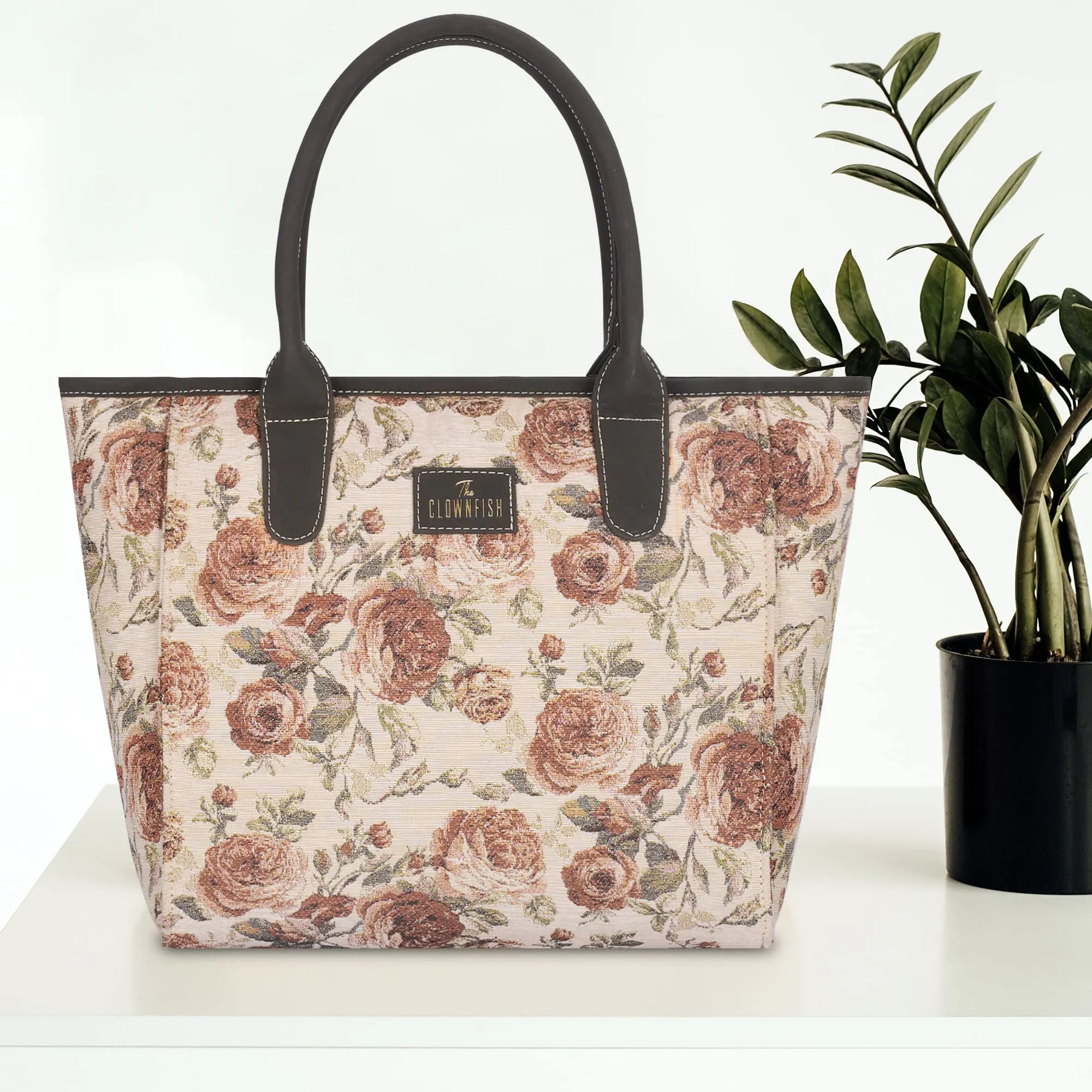 THE CLOWNFISH Mackenzie Series Tapestry Fabric & Faux Leather Handbag for Women Office Bag Ladies Shoulder Bag Tote for Women College Girls (Brown-Floral)