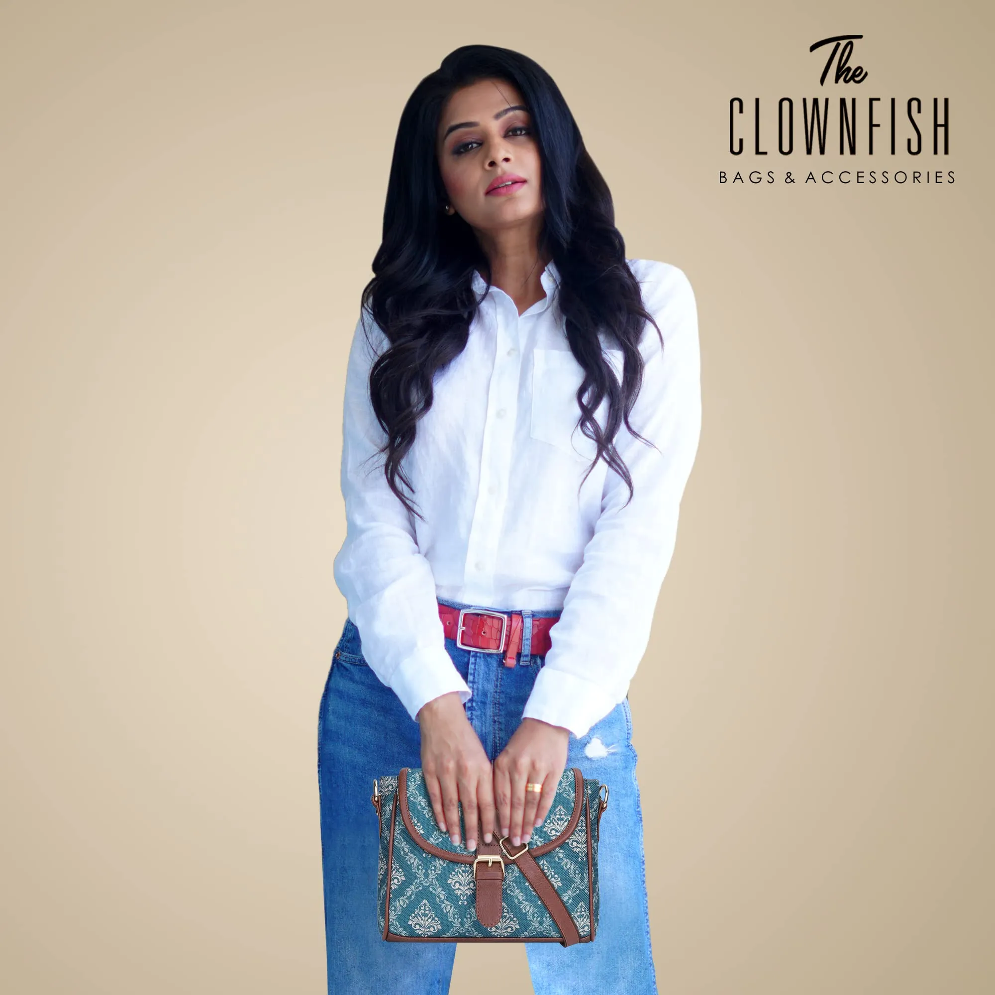 THE CLOWNFISH Madeline Printed Handicraft Fabric Handbag for Women Crossbody Sling Bag Office Bag Ladies Shoulder Bag with Snap Flap Closure & Shoulder Belt For Women College Girls (Blue)