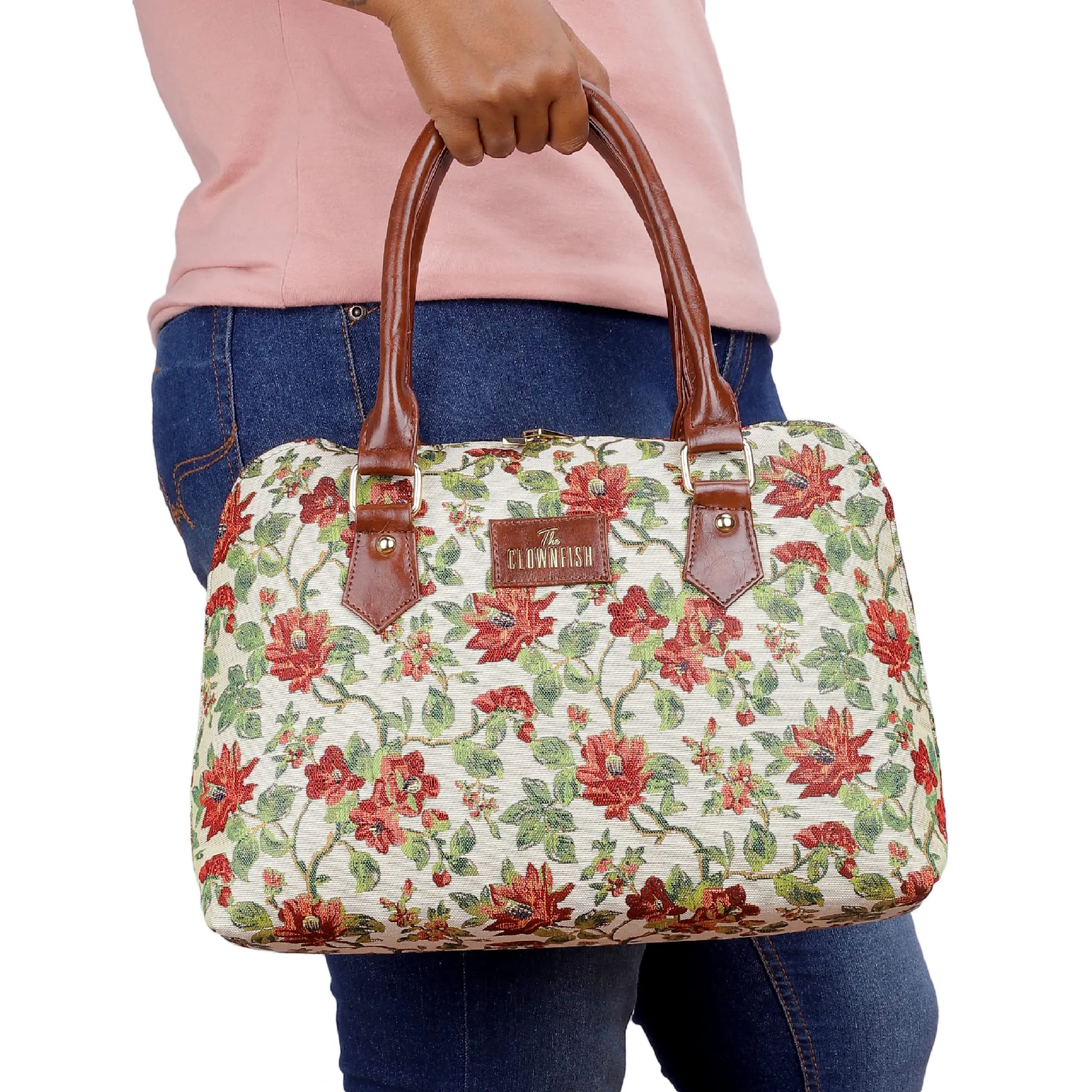 THE CLOWNFISH Montana Series Handbag for Women Office Bag Ladies Purse Shoulder Bag Tote For Women College Girls (Off White-Floral)