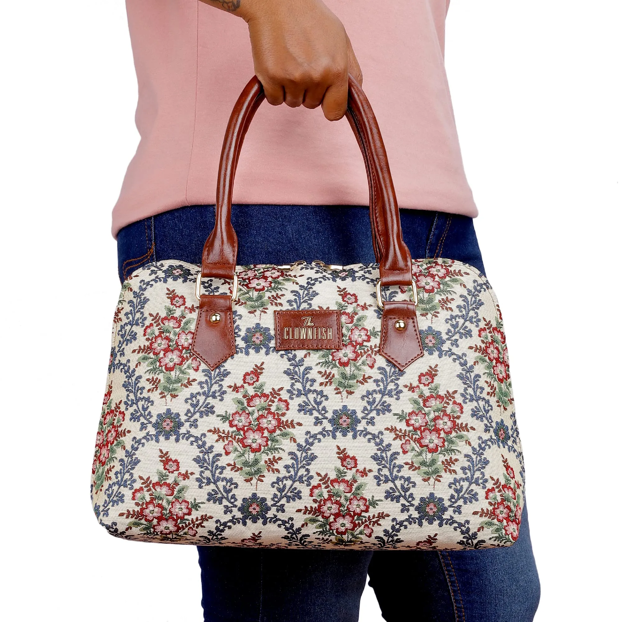 THE CLOWNFISH Montana Series Handbag for Women Office Bag Ladies Purse Shoulder Bag Tote For Women College Girls (Pink-Floral)