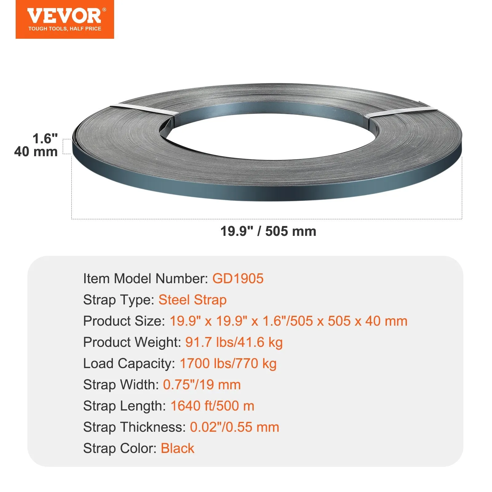 Vevor Steel Strapping Packaging Roll 1640 ft. Banding Strap 1700 Lbs Capacity New