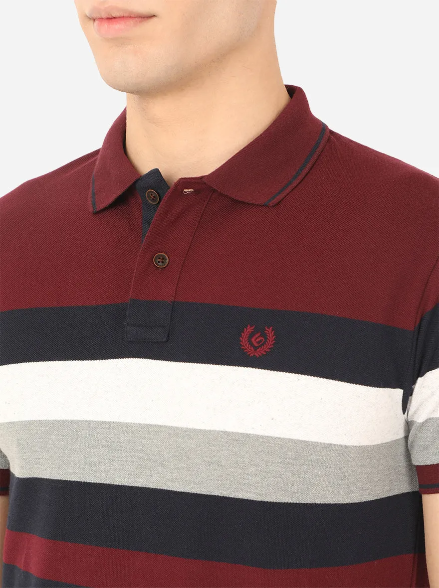 Wine Striped Slim Fit Polo T-Shirt | Greenfibre