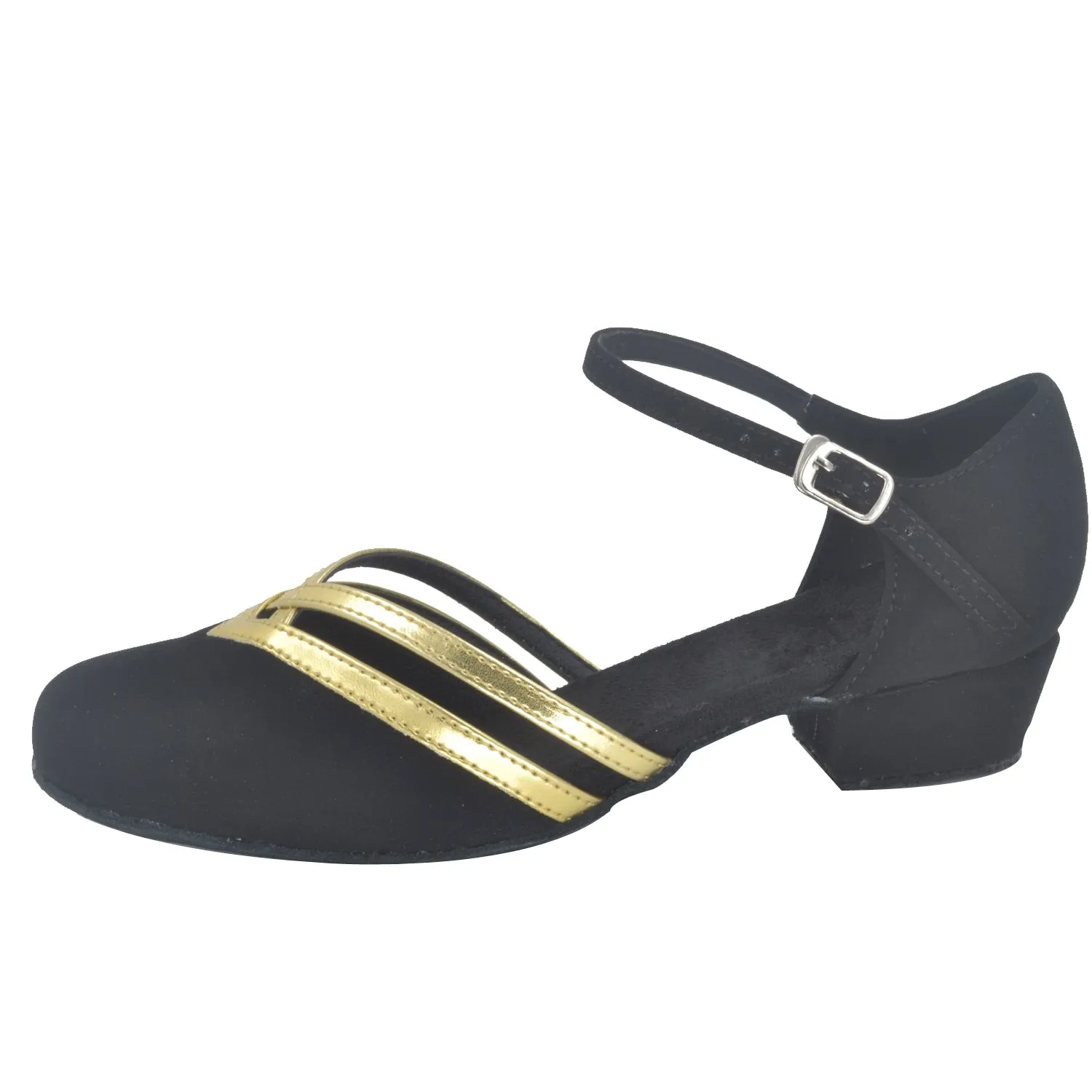 Women Ballroom Dancing Shoes Ladies Tango Latin Practice Dance Shoe Suede Sole Buckle-up Closed-toe Black and Gold