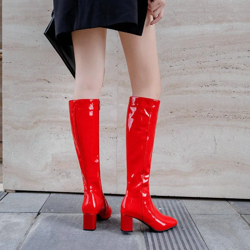 Women chunky high heel side zipper party knee high boots