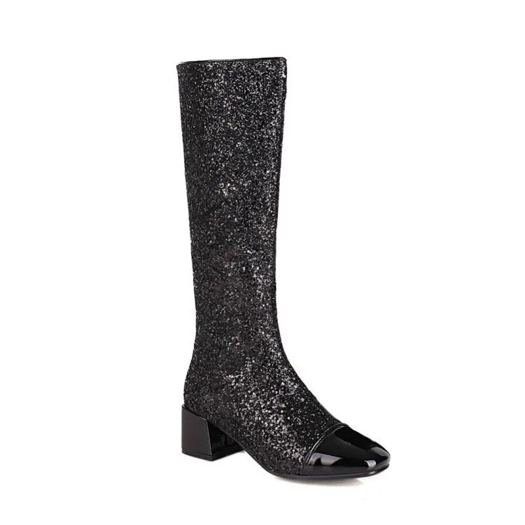 Women color block chunky heel sequin side zipper knee high boots