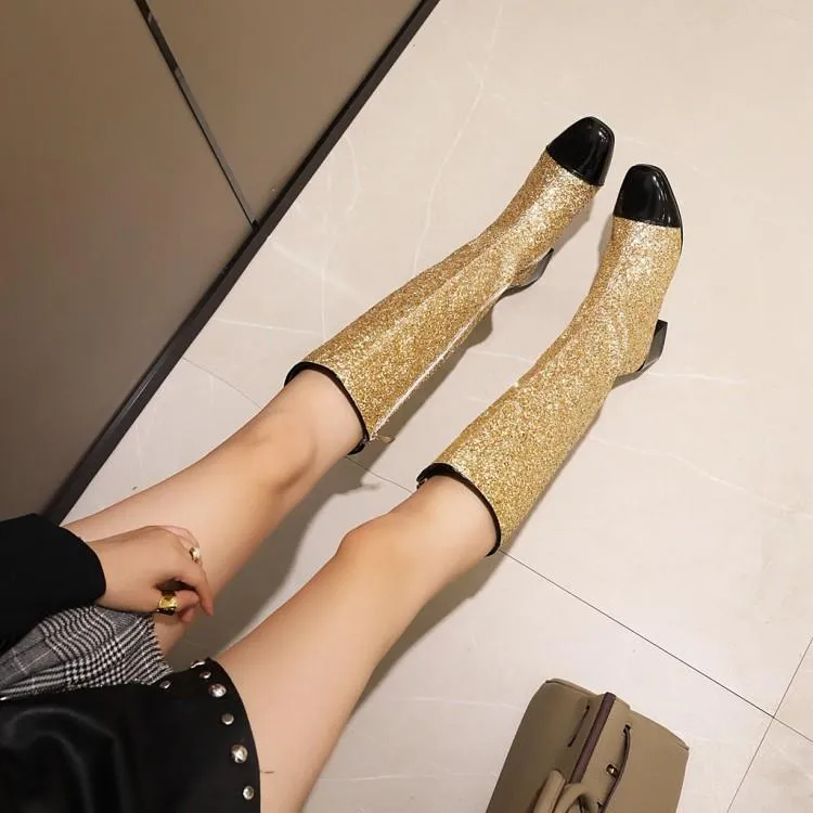 Women color block chunky heel sequin side zipper knee high boots