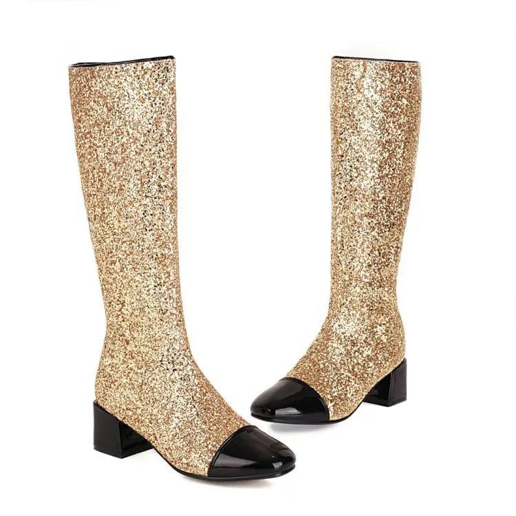 Women color block chunky heel sequin side zipper knee high boots