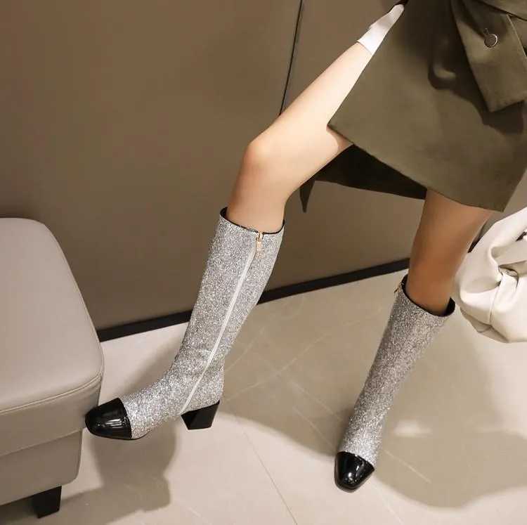 Women color block chunky heel sequin side zipper knee high boots