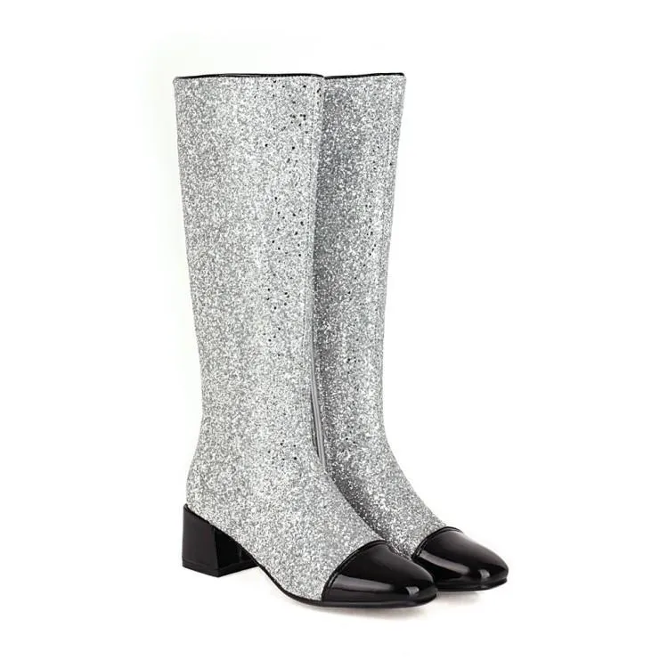 Women color block chunky heel sequin side zipper knee high boots