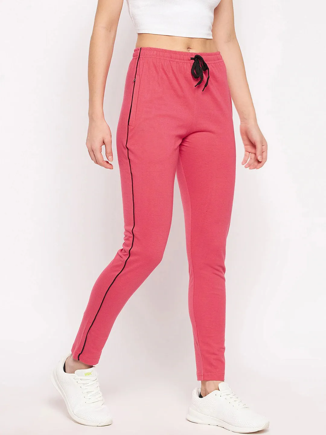 Women Pink Solid Cotton Relaxed-Fit Track Pants