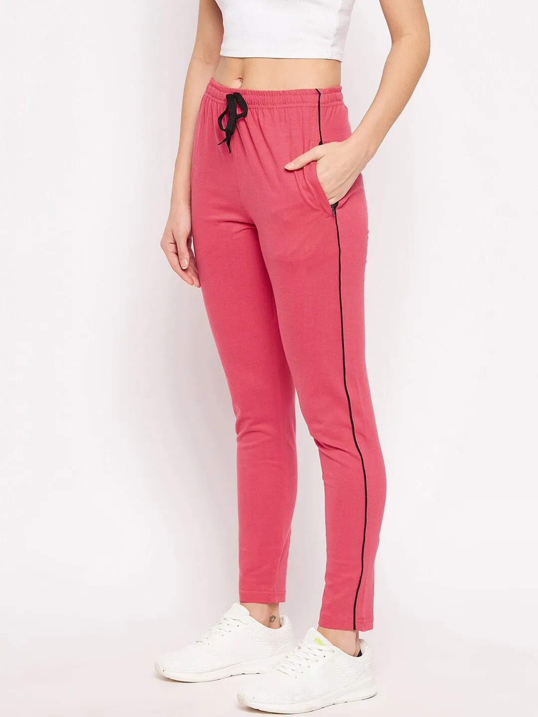 Women Pink Solid Cotton Relaxed-Fit Track Pants