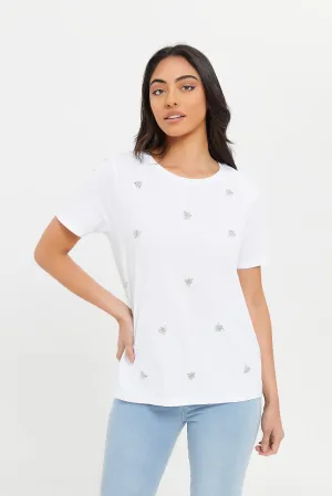 Women White Embellished Relaxed T-Shirt