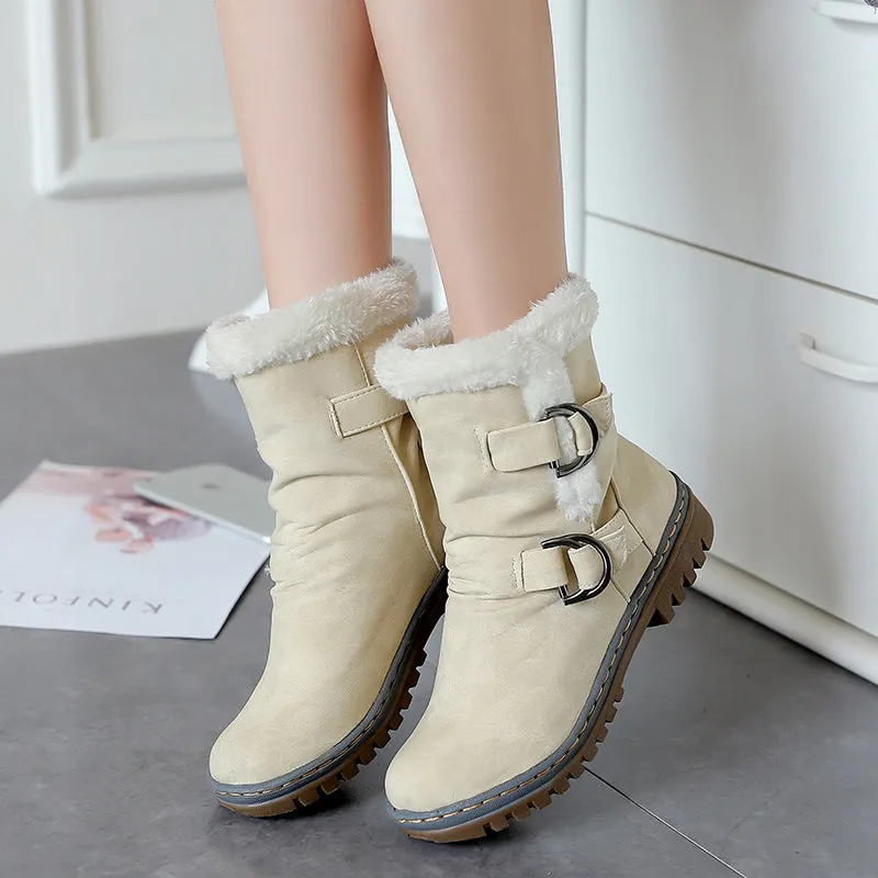 Womens Snow Boots Flats Fur Warm Winter Buckle Slip on Shoes