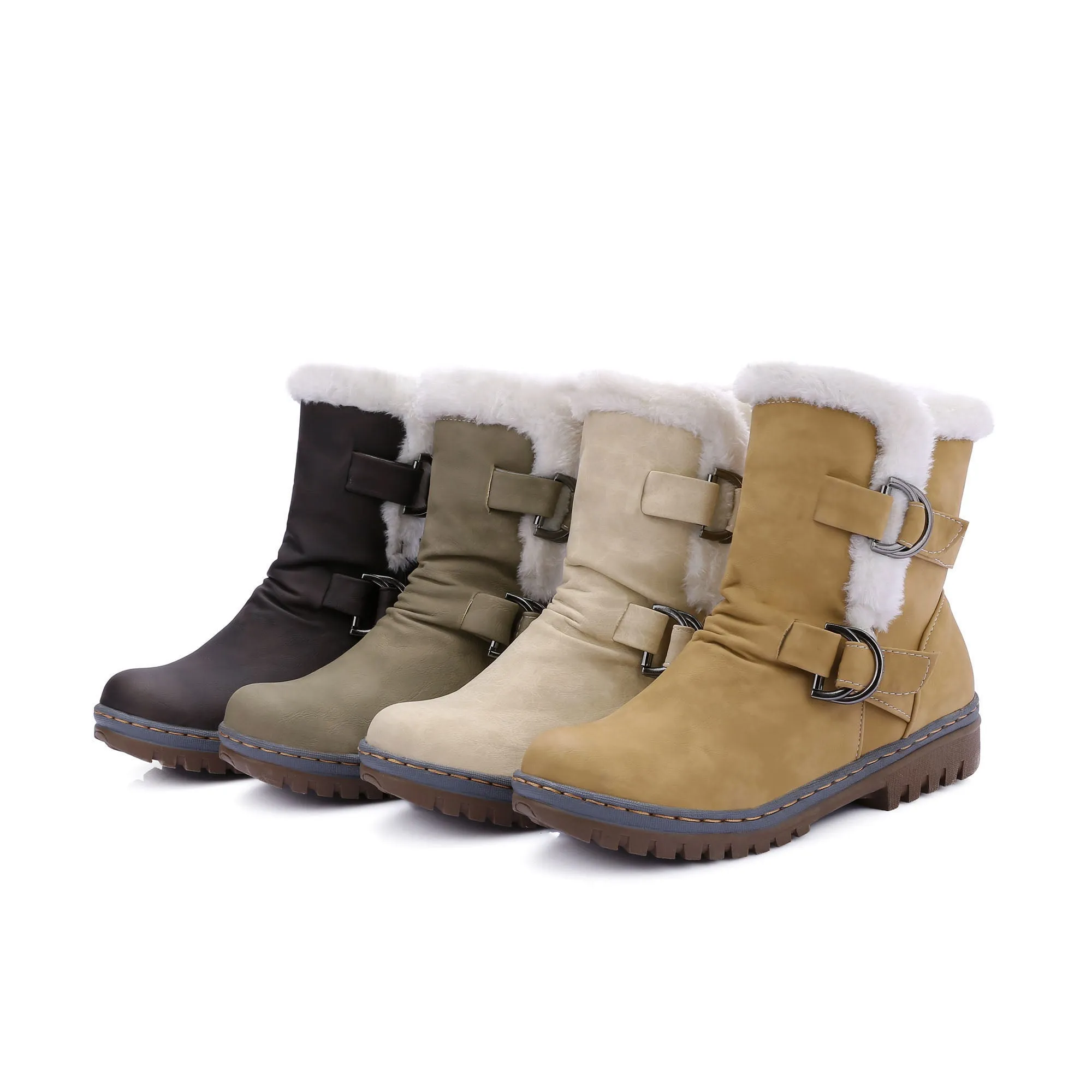 Womens Snow Boots Flats Fur Warm Winter Buckle Slip on Shoes