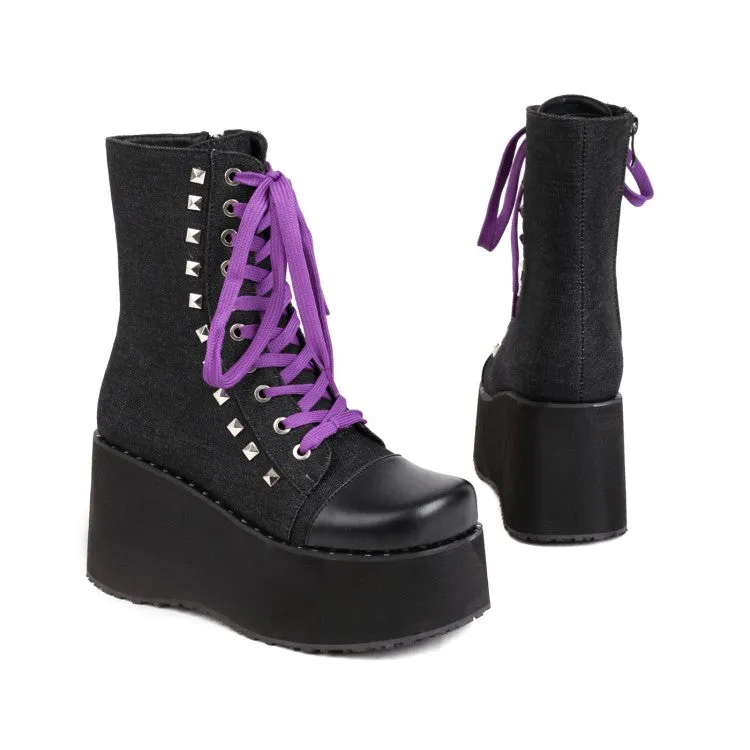 Women's Square Toe Bicolor Lace Up Wedge Heel Platform Short Boots