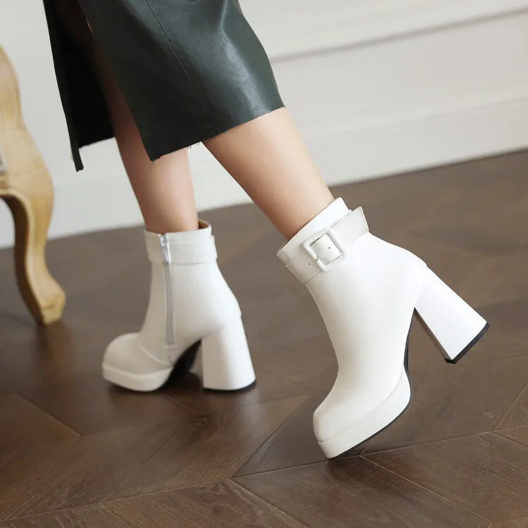 Women's Square Toe Buckle Side Zippers Block Heel Platform Short Boots