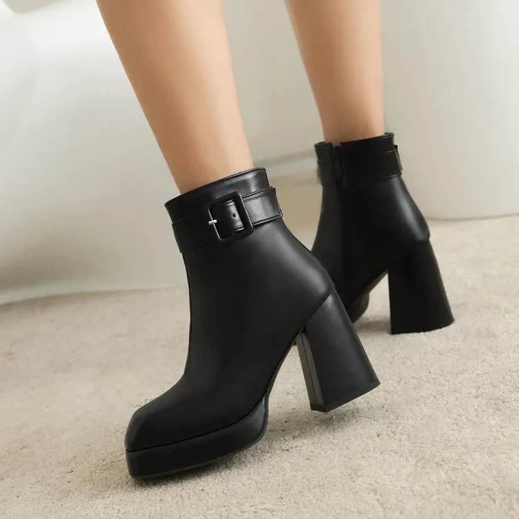 Women's Square Toe Buckle Side Zippers Block Heel Platform Short Boots