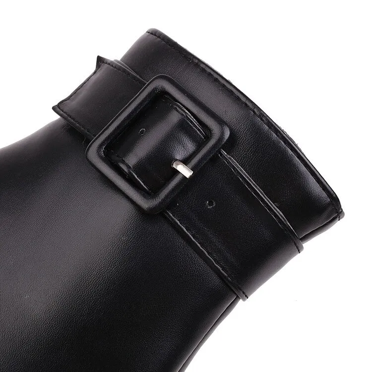 Women's Square Toe Buckle Side Zippers Block Heel Platform Short Boots