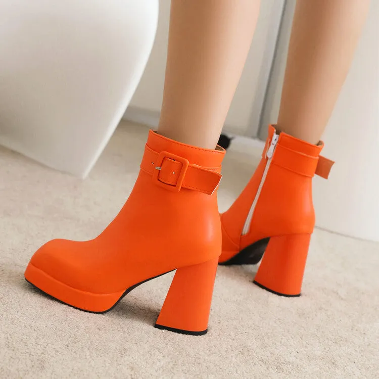 Women's Square Toe Buckle Side Zippers Block Heel Platform Short Boots