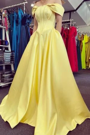 Yellow Satin Long Prom Dress Off Shoulder A-line Evening Dresses with Pockets