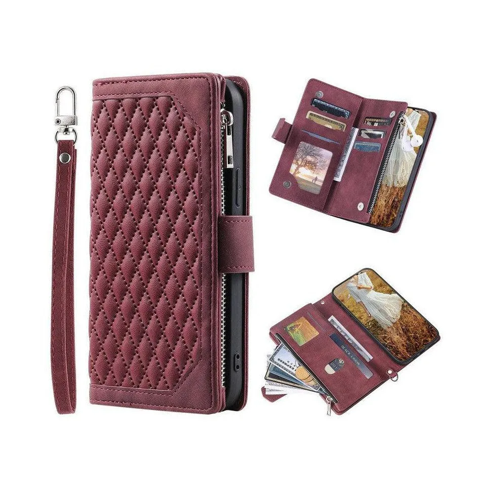 Zipper Wallet Mobile Phone Case for Apple  iPhone 13 Mini with Wrist Strap - Wine