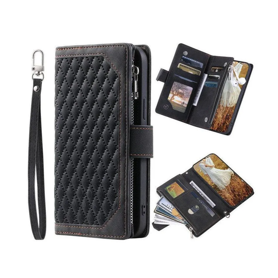 Zipper Wallet Mobile Phone Case for Apple  iPhone 13 Pro Max with Wrist Strap - Black