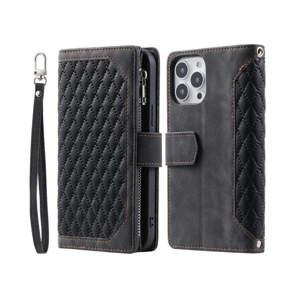 Zipper Wallet Mobile Phone Case for Apple  iPhone 13 Pro Max with Wrist Strap - Black