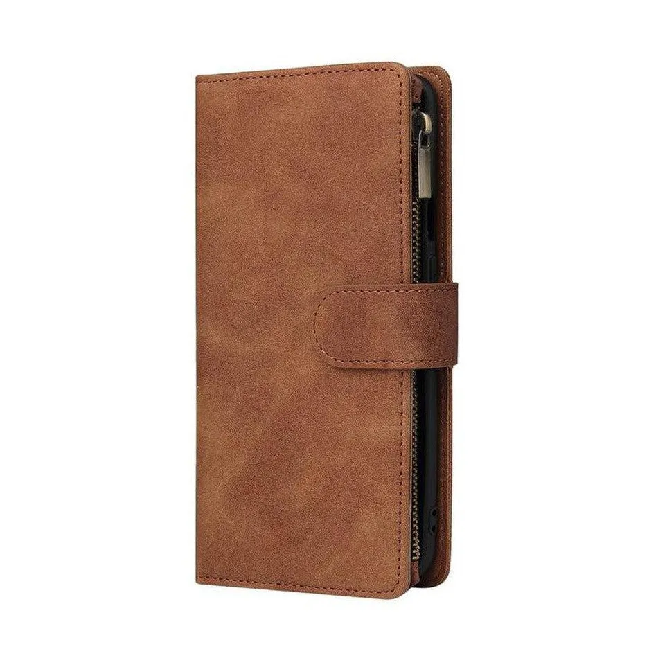 Zipper Wallet Mobile Phone Case for Google Pixel 6A with Strap - Brown