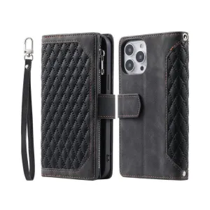 Zipper Wallet Mobile Phone Case for iPhone 12 Pro with Wrist Strap Black