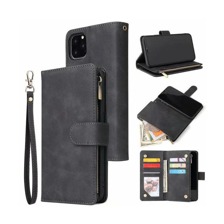 Zipper Wallet Mobile Phone Case for iPhone 12 Pro with Wrist Strap Black